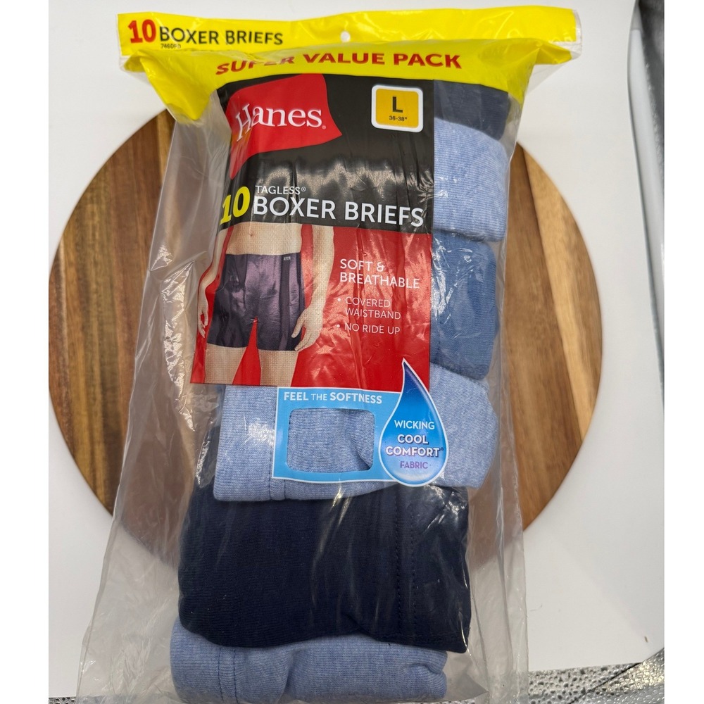 Hanes Men's L 36-38 Tagless Boxer Briefs 10 Pack Blue Assorted Cool Comfort 2635